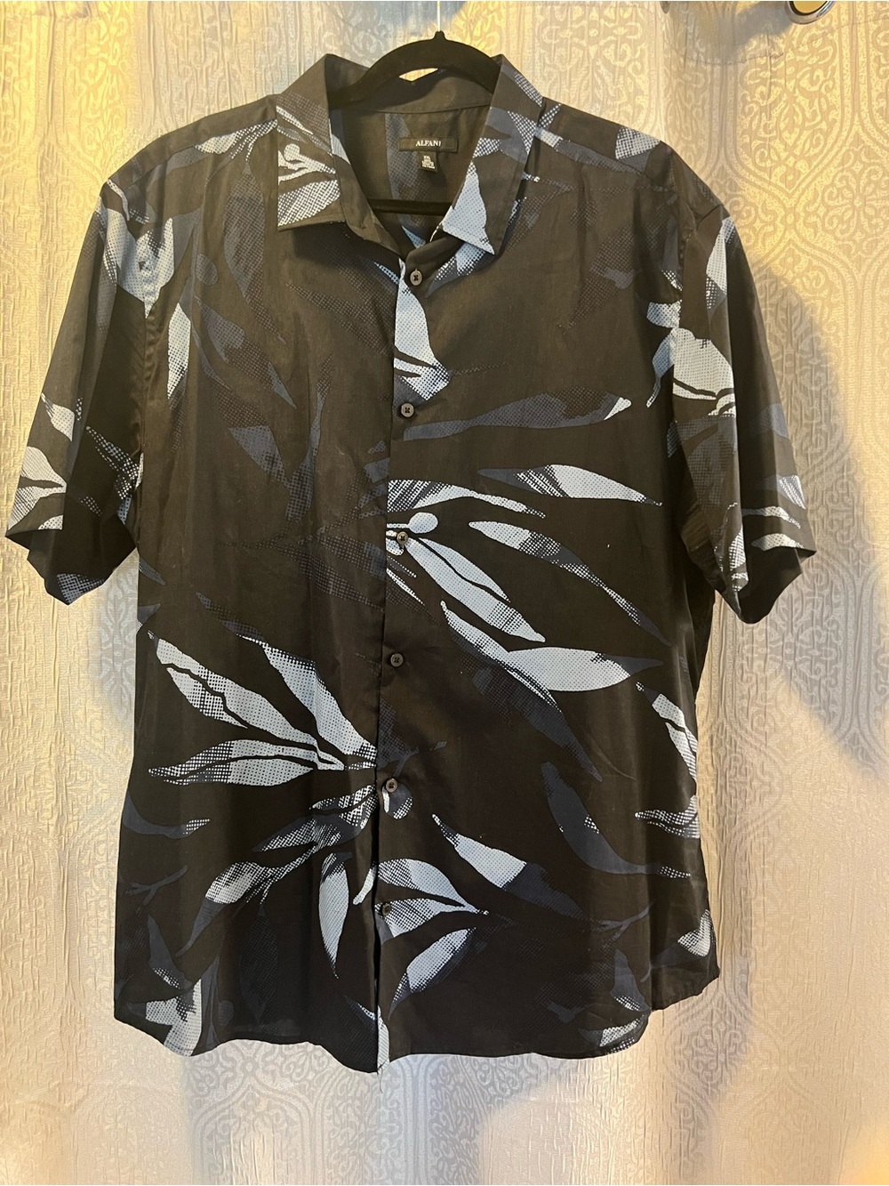 Alfani Black Short-Sleeve Button-Down with Light Blue Leaf Print